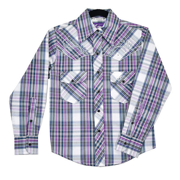 Girls Purple/White Dutton L/S Plaid Shirt by Cowboy Hardware