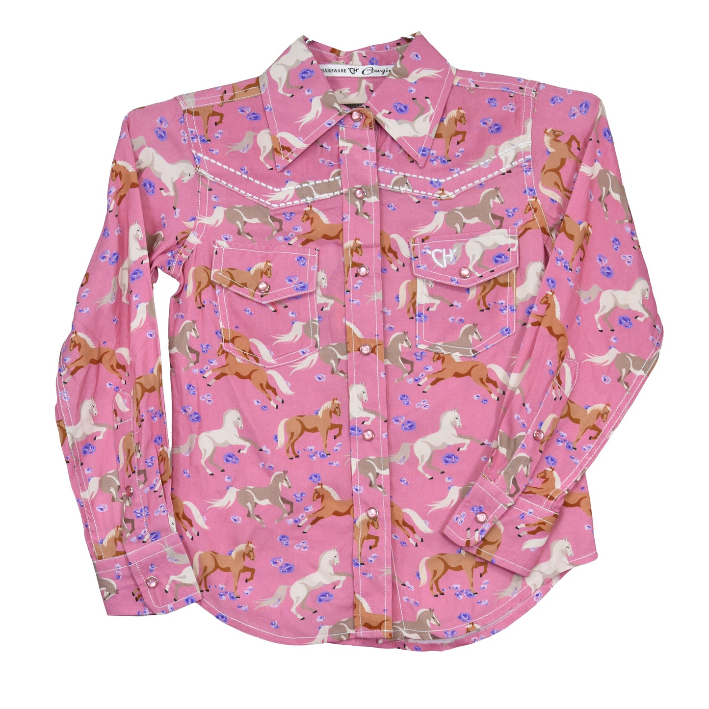 Girls Pink Horse Flowers L/S Print Shirt by Cowboy Hardware
