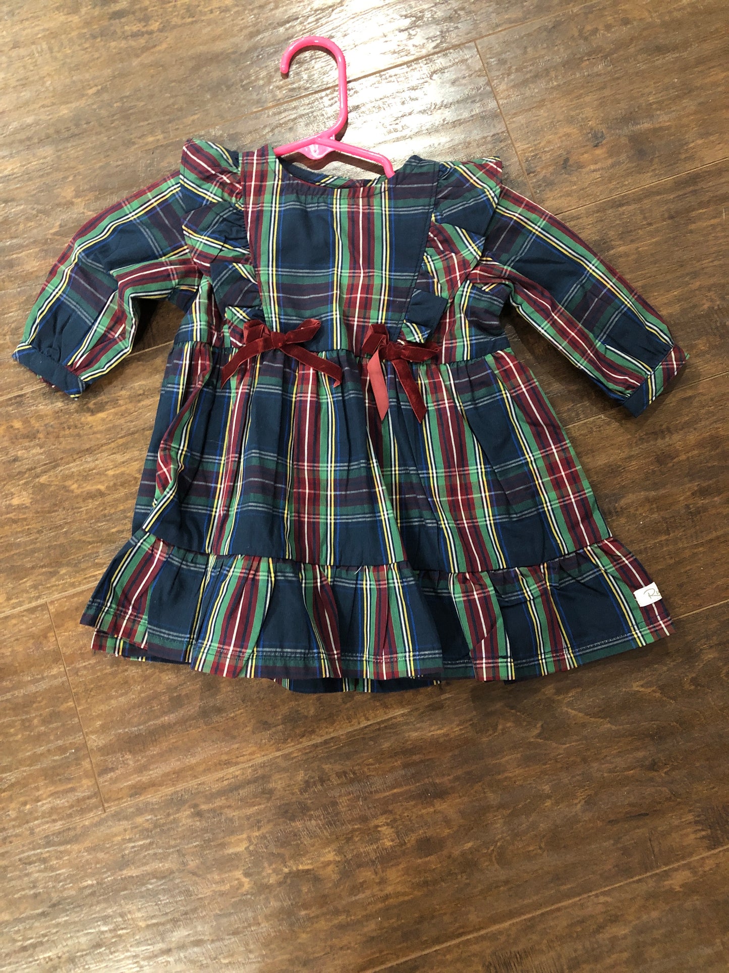 Girls Winter Nights Plaid L/S Pinafore Bow Dress by RuffleButts