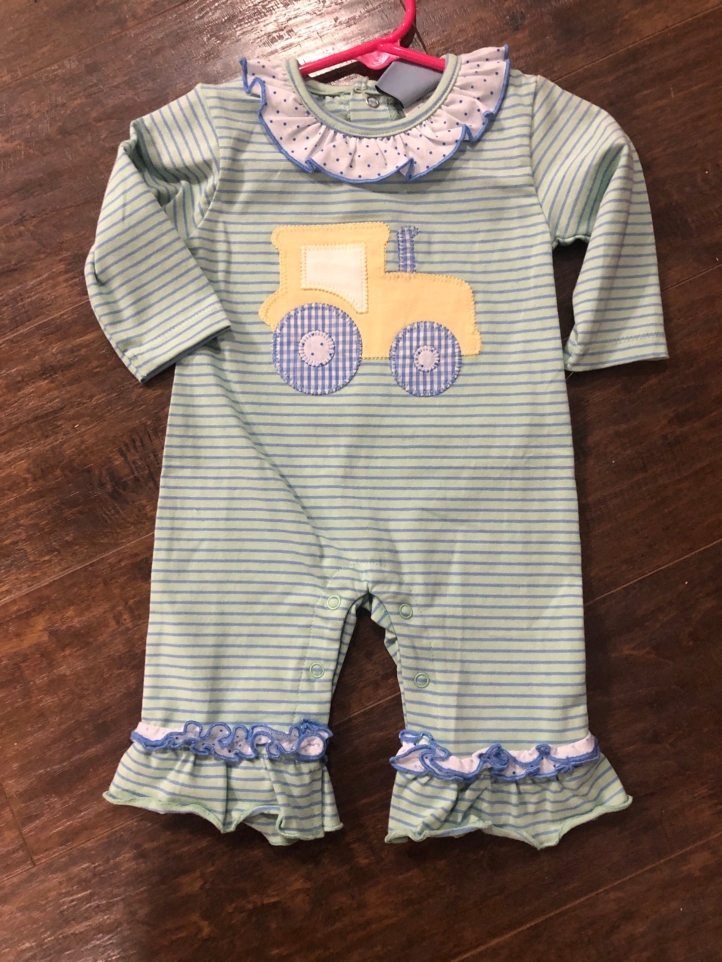 Girls Tractor on Green/Blue Stripe Romper by Three Sisters