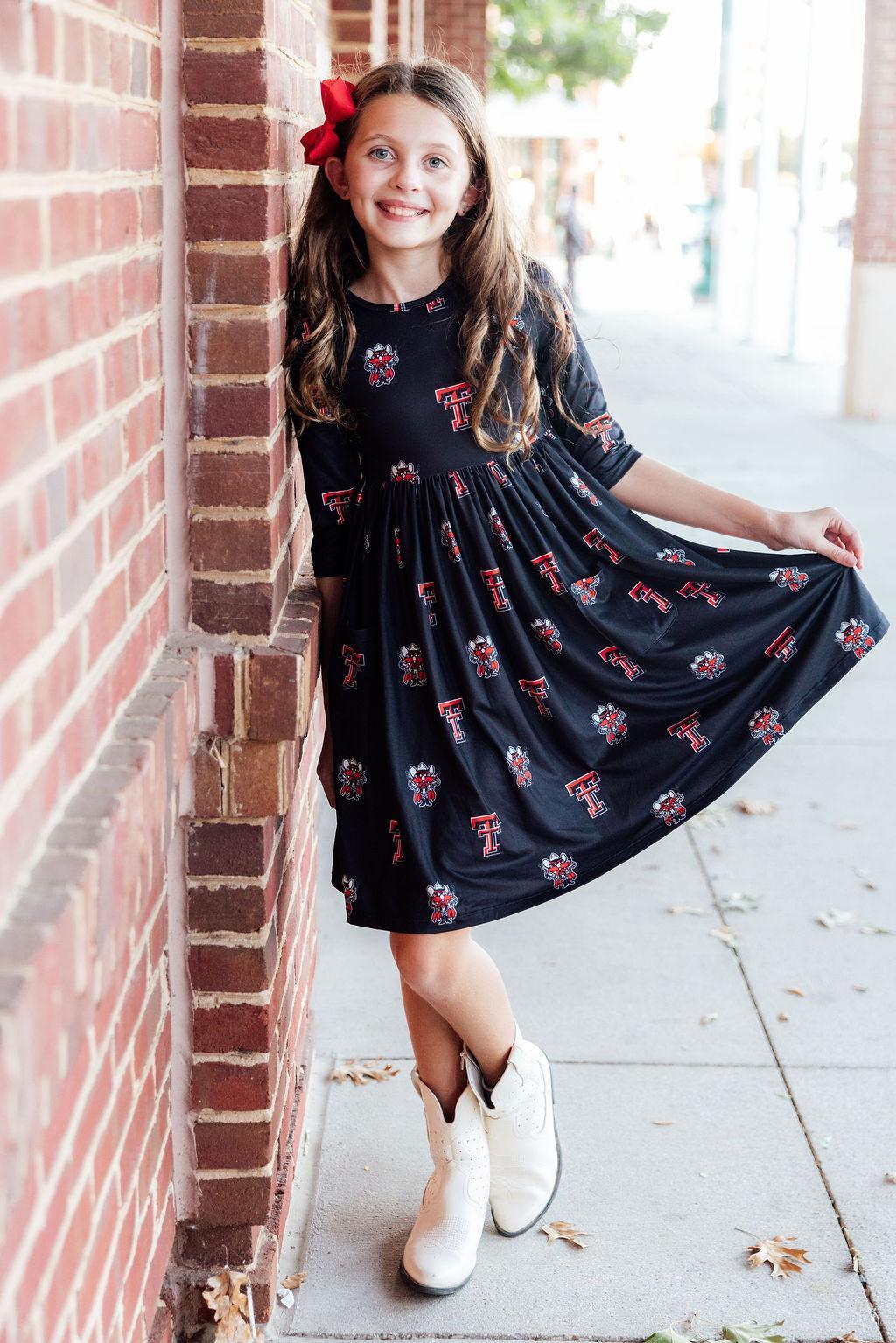 Girls Texas Tech Black Raider Red 3/4 Sleeve Pocket Twirl Dress by Mila and Rose