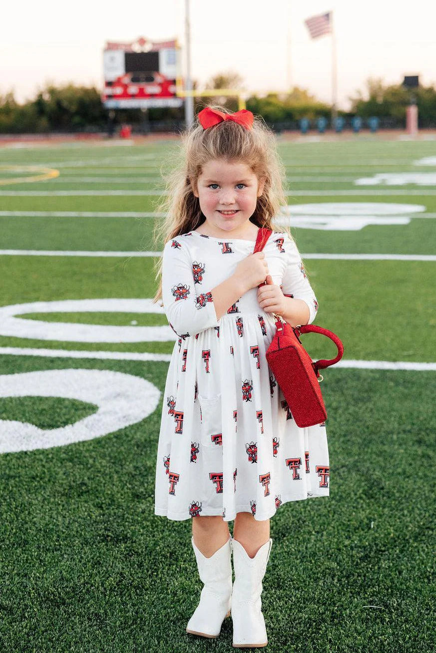 Girls Texas Tech White Raider Red 3/4 Sleeve Pocket Twirl Dress by Mila and Rose