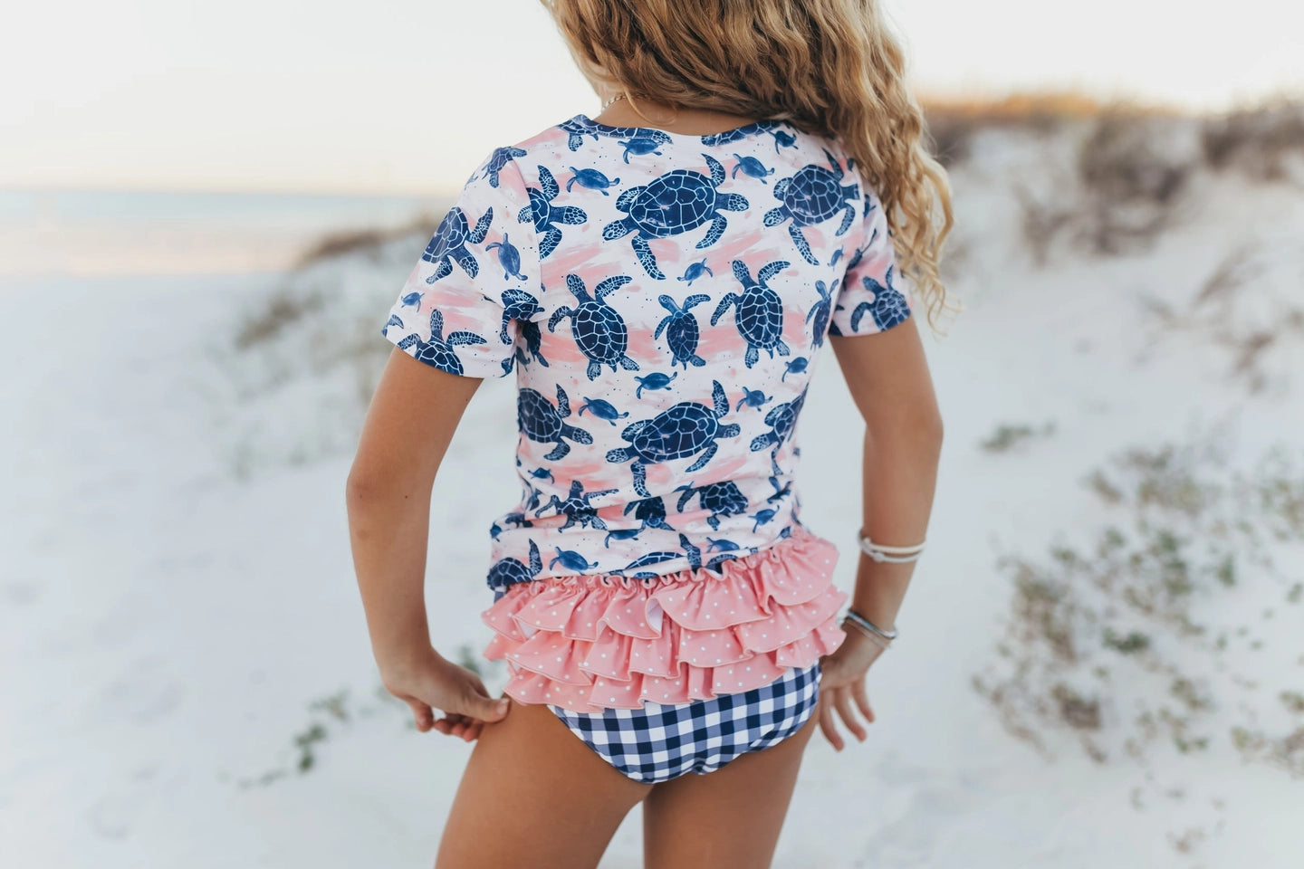 Girls Navy & Pink Sea Turtle Rash Guard Ruffle Swimsuit
