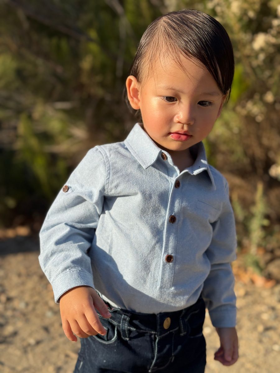 Boys Pale Blue Chambray Jasper Woven Onesie by Me & Henry