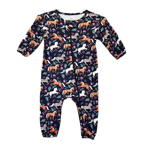 Girls Infant Horse Flowers Print L/S Romper/Lounge Set by Cowboy Hardware