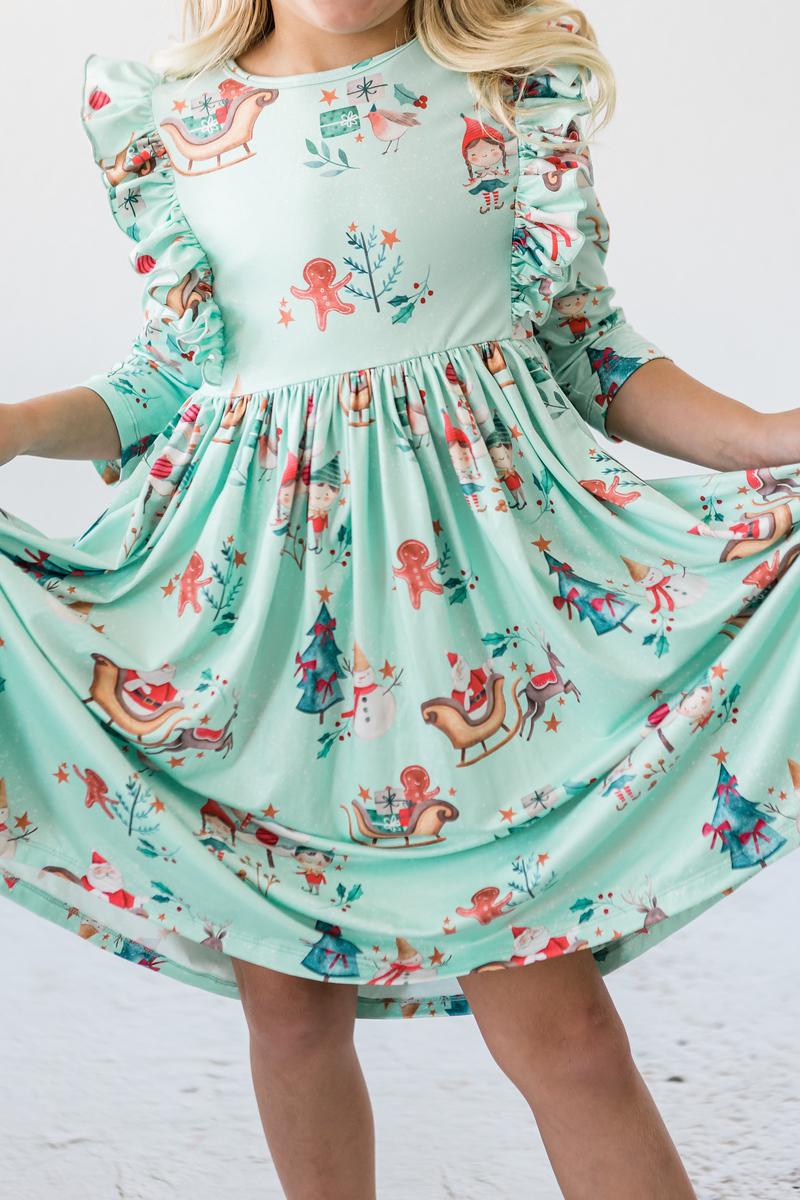 Girls Believe in Your Elf 3/4 Sleeve Ruffle Twirl Dress by Mila & Rose