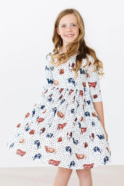 Girls Moo Meadows 3/4 Sleeve Pocket Twirl Dress by Mila & Rose