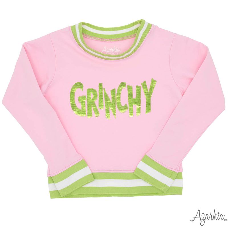 Girls Grinchy in Sequin on Pink Crew Sweatshirt by Azarhia