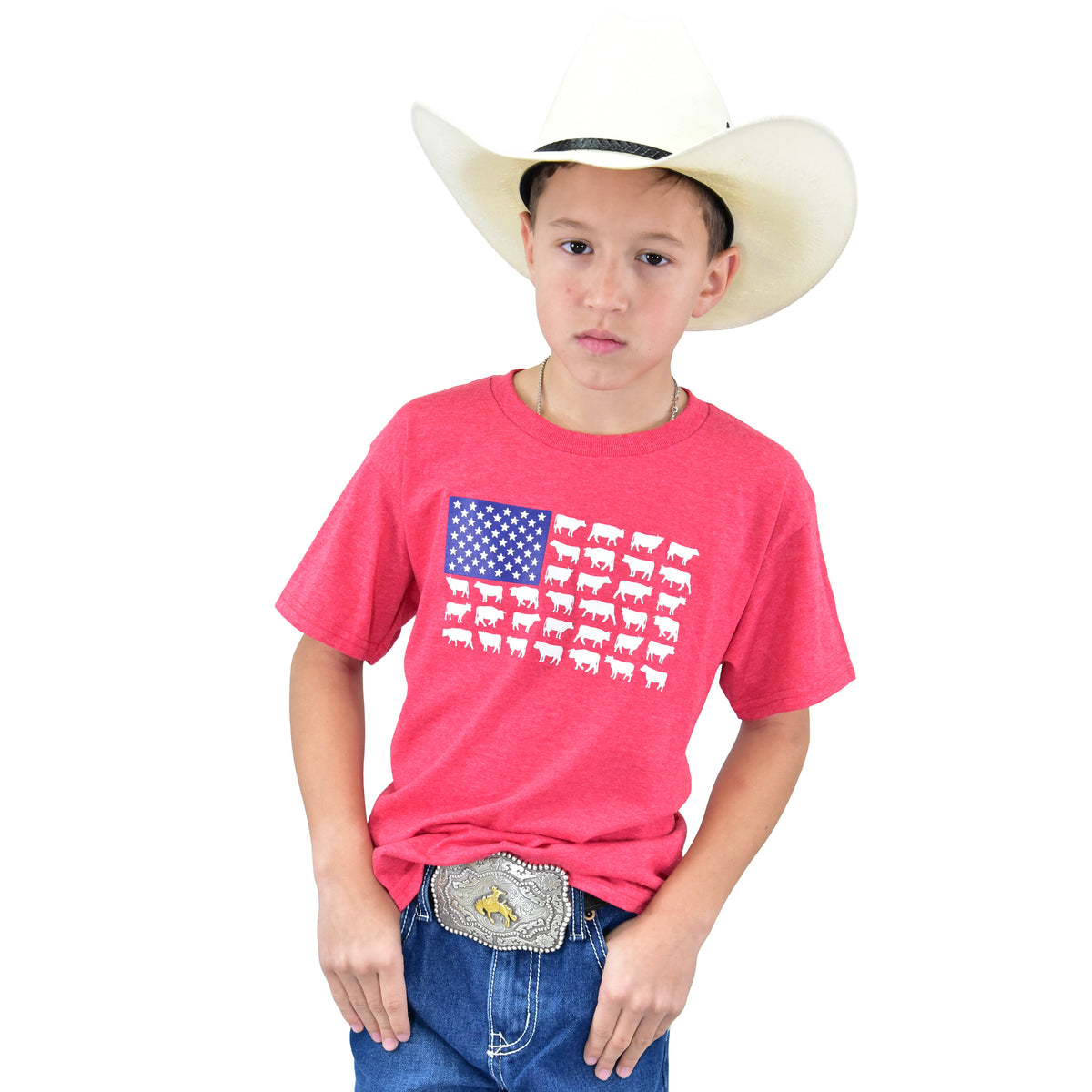 Boys Heather Red Cattle Flag S/S T-Shirt by Cowboy Hardware