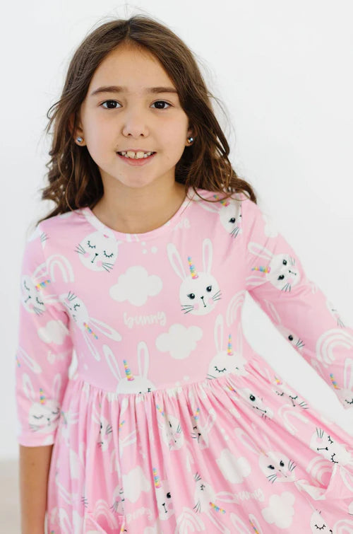 Girls Bunny Love 3/4 Sleeve Pocket Twirl Dress by Mila & Rose