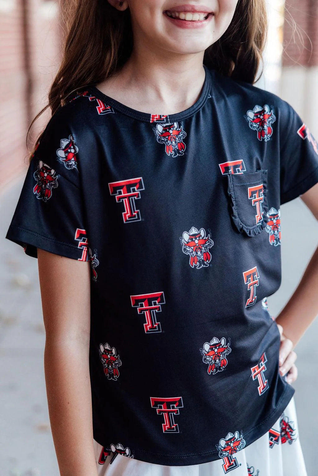 Girls Texas Tech Black Raider Red Ruffle Pocket Tee by Mila and Rose