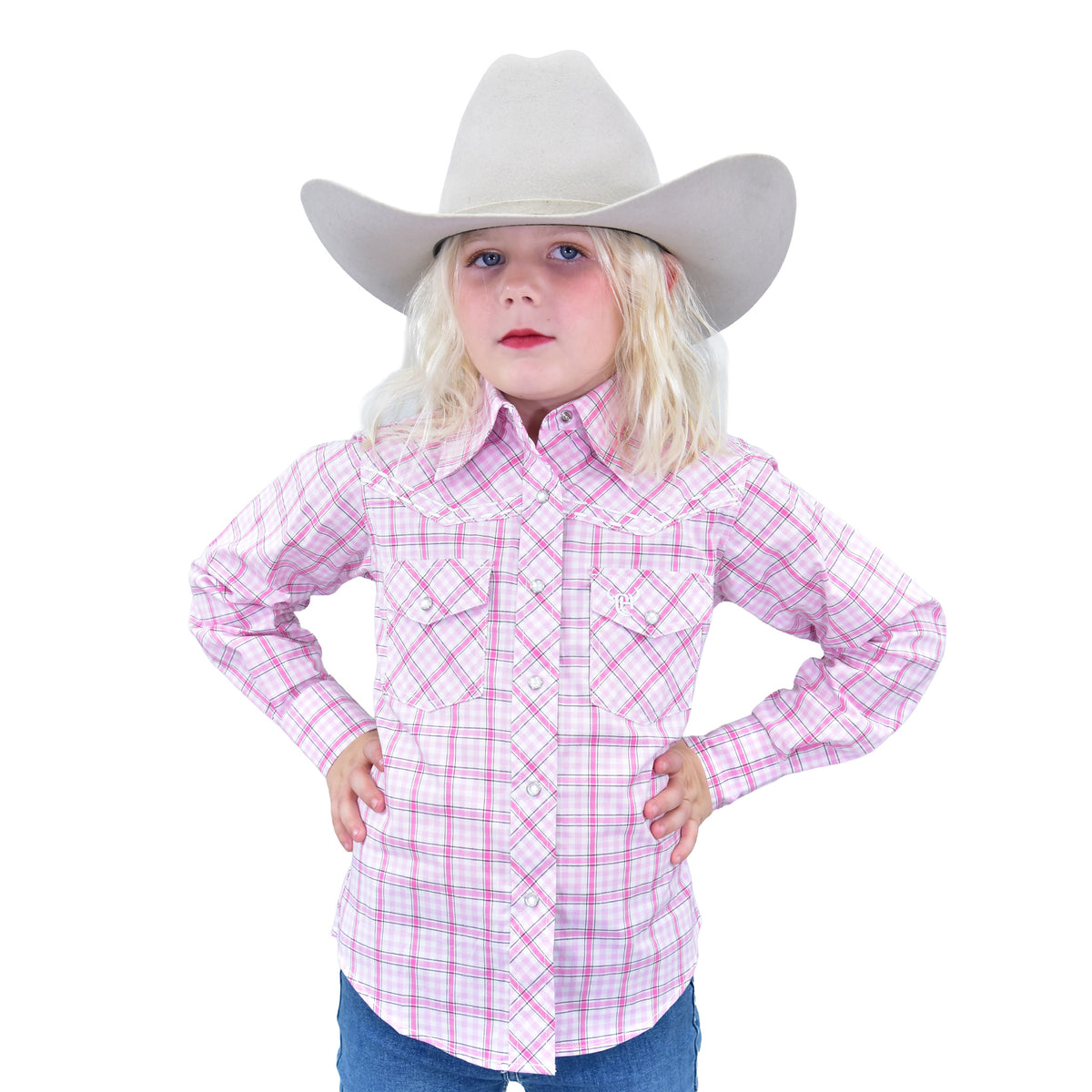 Girls Pink Box Plaid L/S Shirt by Cowboy Hardware
