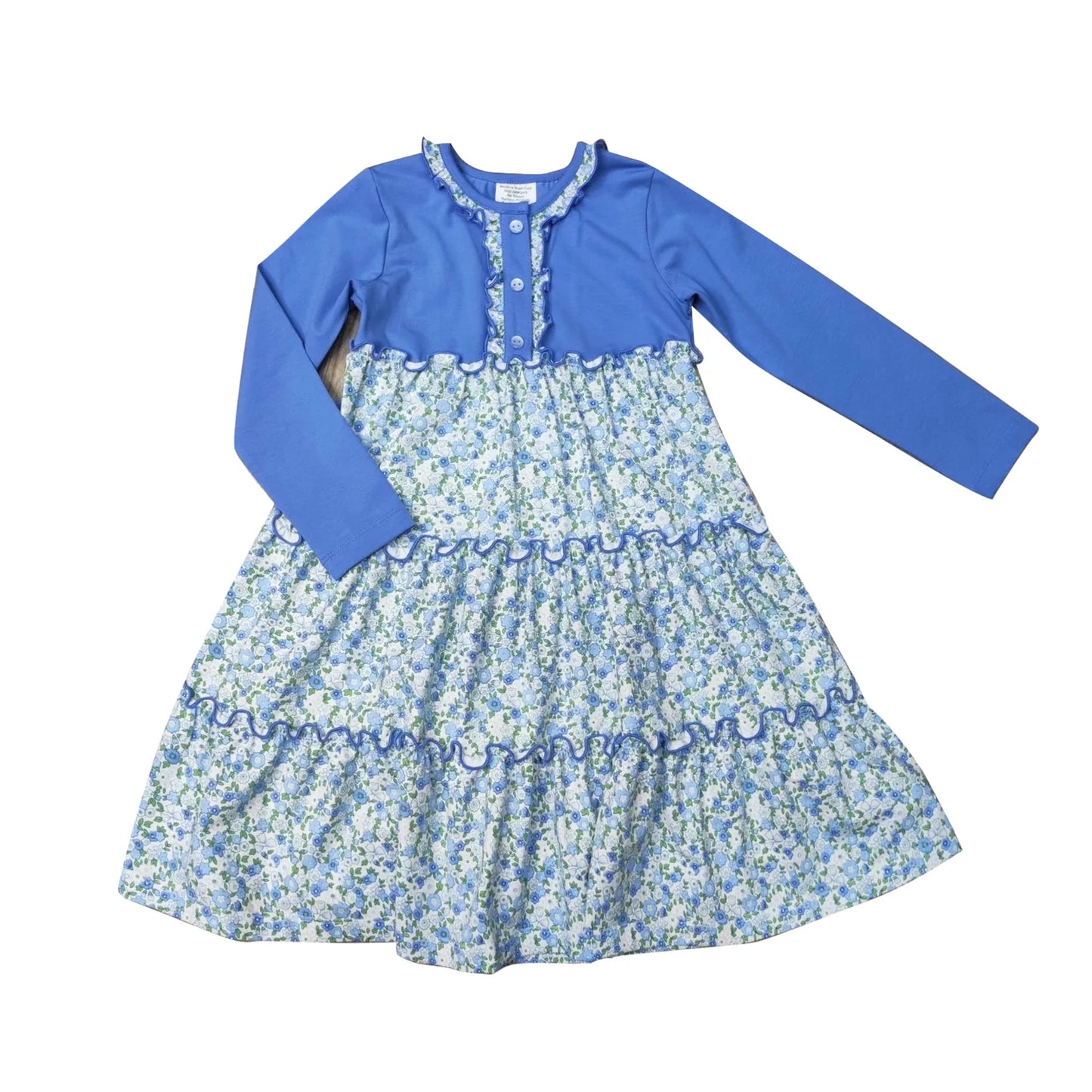 Girls Blue/Blue Floral L/S Dress by Ishtex