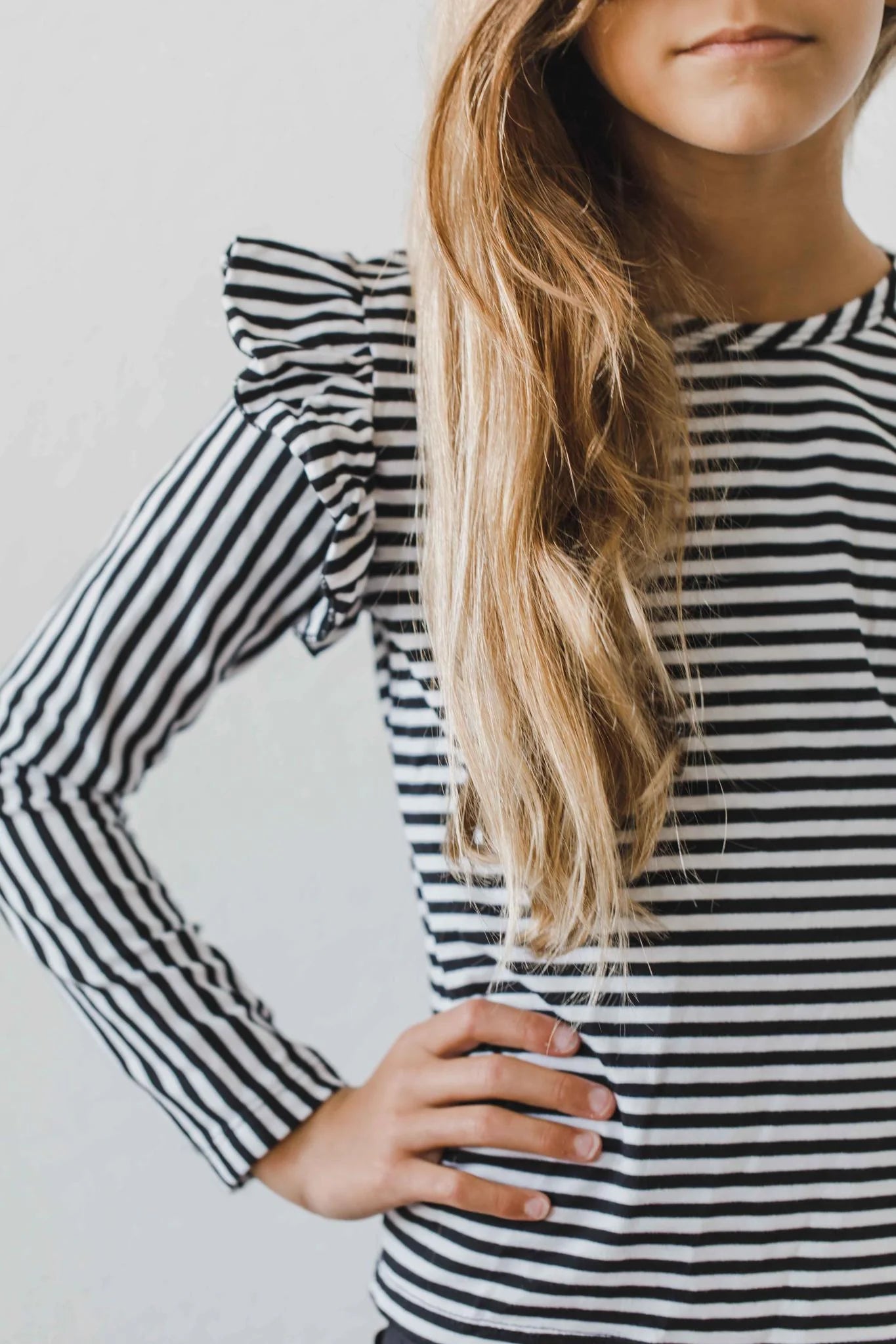 Girls Black and White Striped L/S Ruffle Top by Mila & Rose