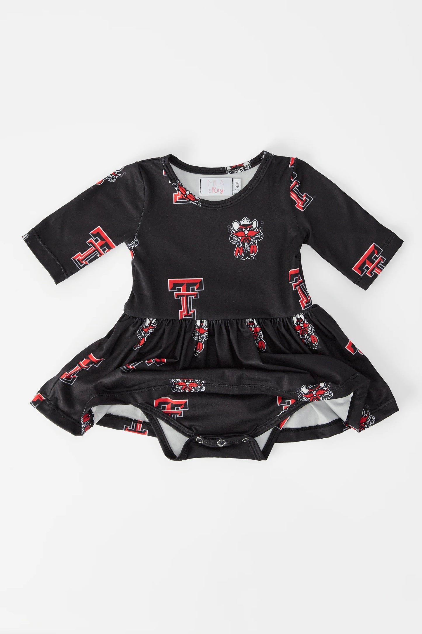 Baby Girls Texas Tech Black Raider Red 3/4 Sleeve Twirl Bodysuit by Mila and Rose