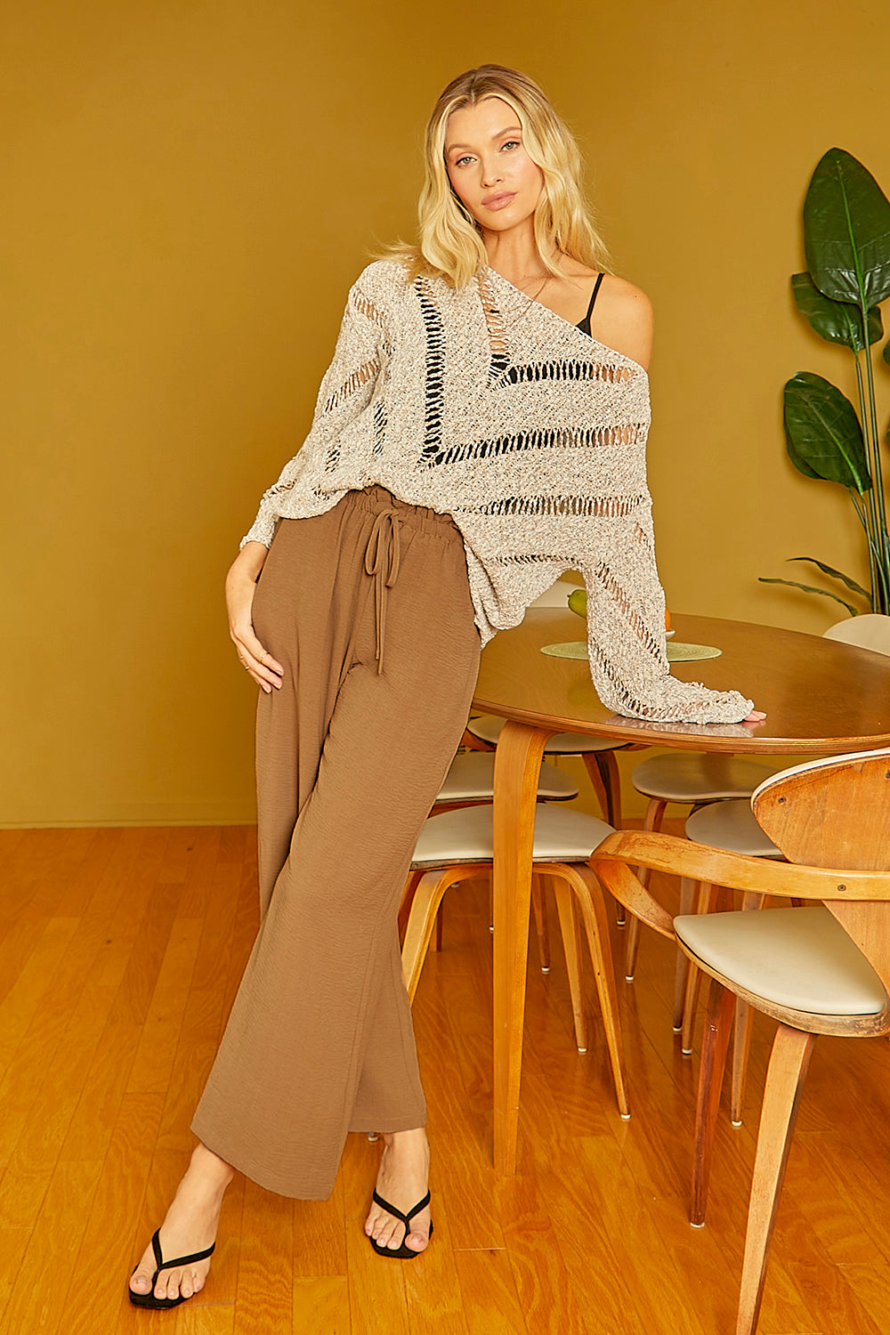Ladies Mystree Paperbag Waist Wide Leg Pants - Brown