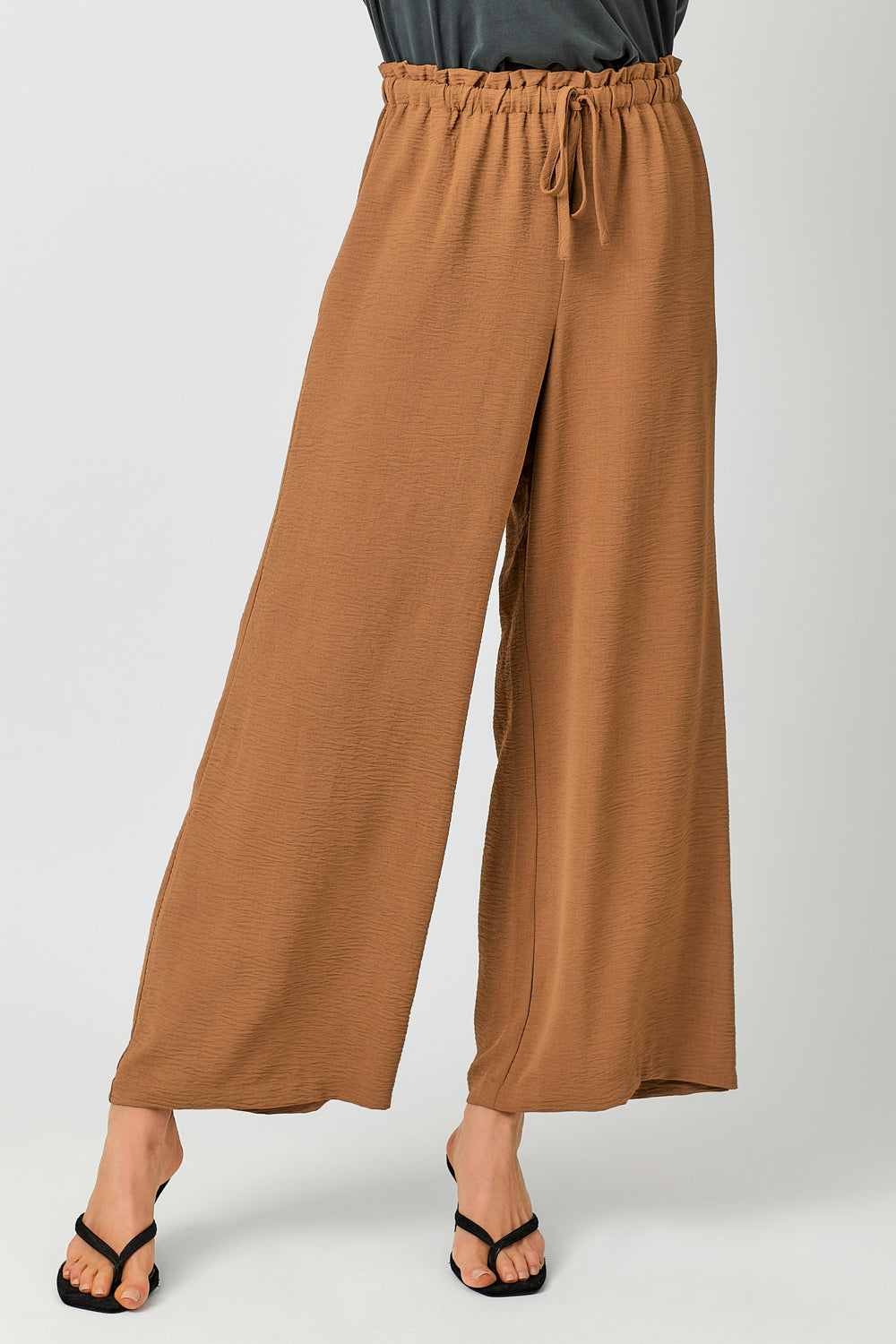 Ladies Mystree Paperbag Waist Wide Leg Pants - Brown
