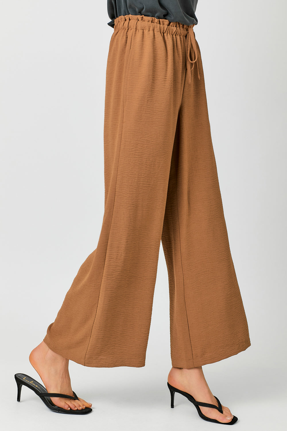 Ladies Mystree Paperbag Waist Wide Leg Pants - Brown