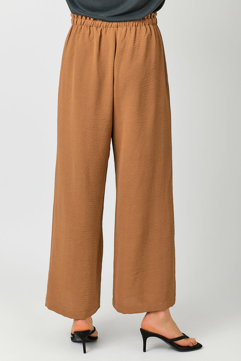 Ladies Mystree Paperbag Waist Wide Leg Pants - Brown