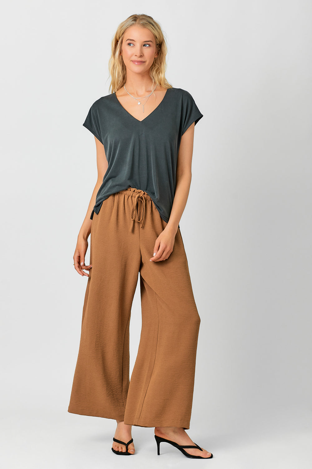 Ladies Mystree Paperbag Waist Wide Leg Pants - Brown