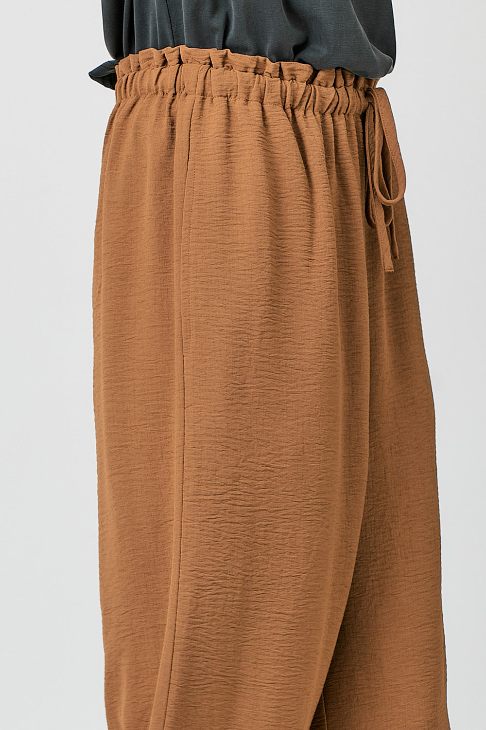 Ladies Mystree Paperbag Waist Wide Leg Pants - Brown