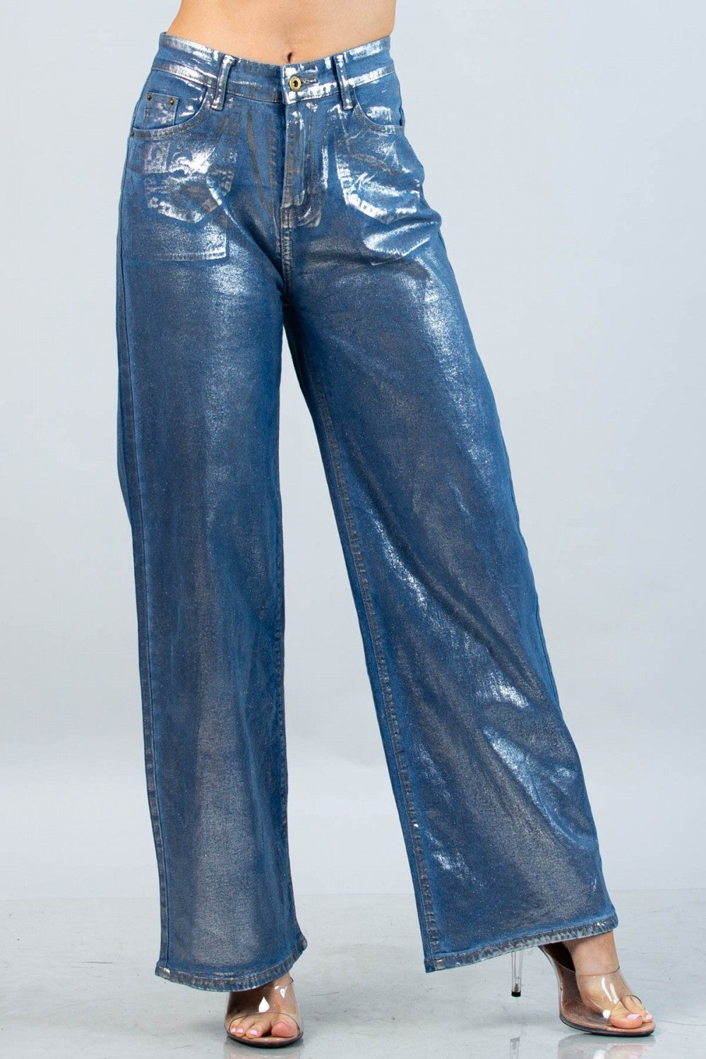 Ladies Silver Metallic Denim Wide Leg Pants by NYLON Apparel