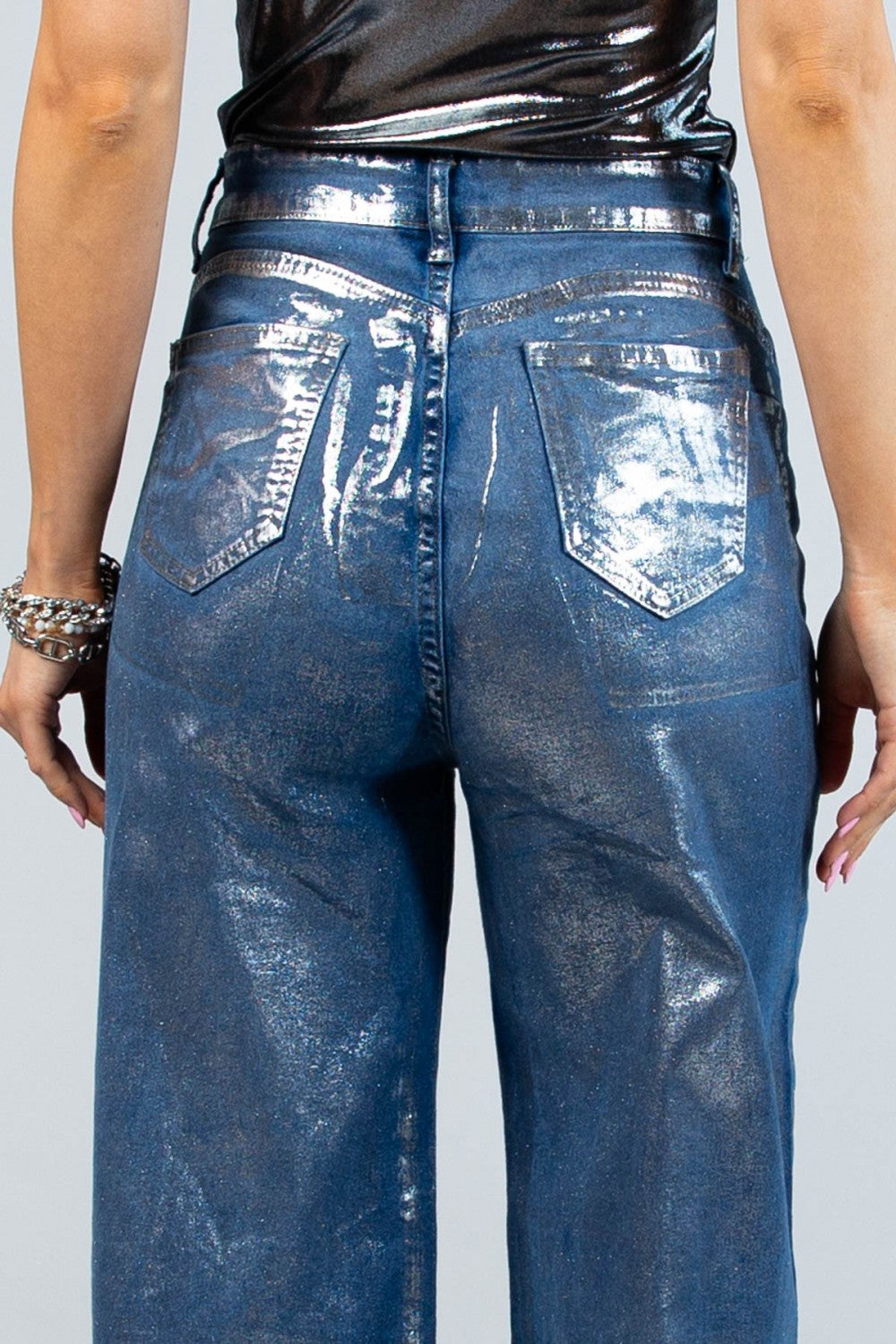 Ladies Silver Metallic Denim Wide Leg Pants by NYLON Apparel