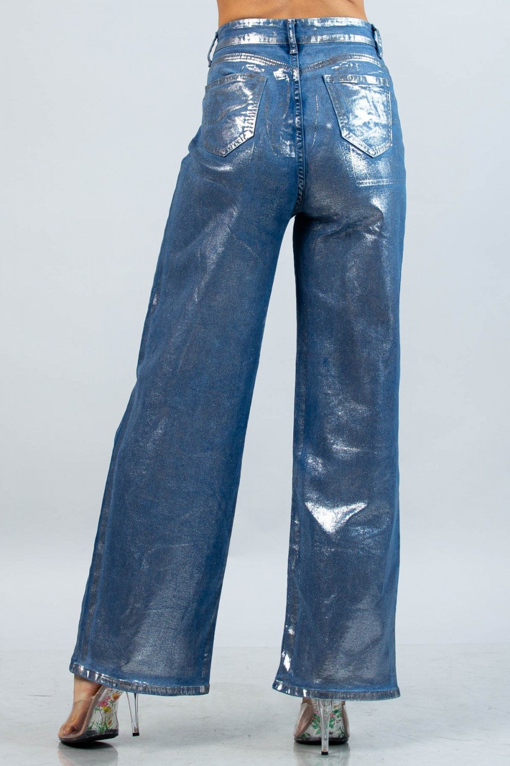 Ladies Silver Metallic Denim Wide Leg Pants by NYLON Apparel