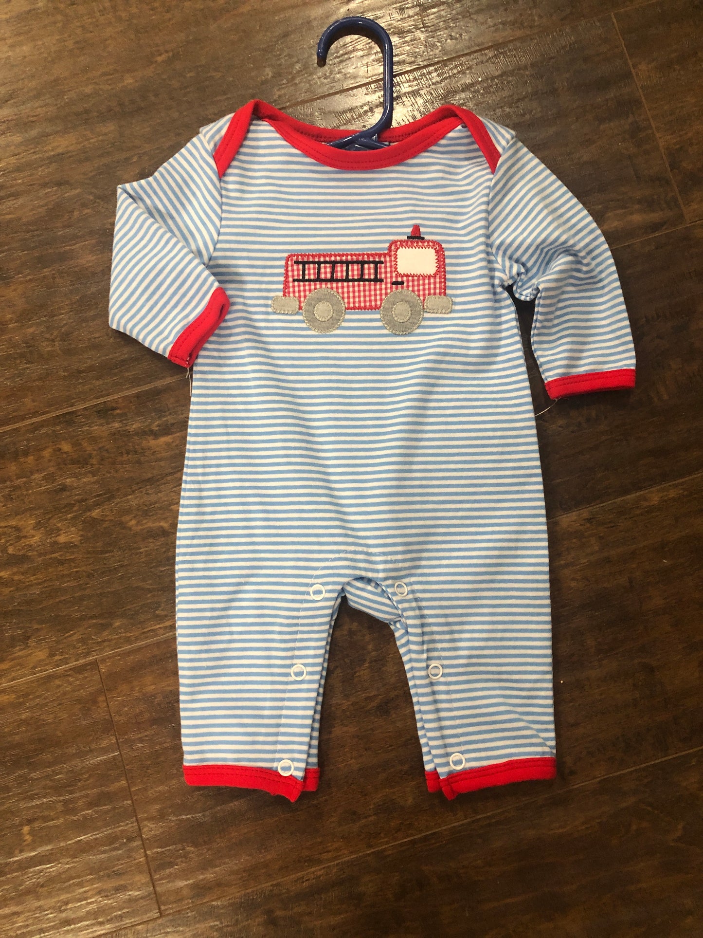 Boys Fire Truck on Blue Stripe Romper by Three Sisters