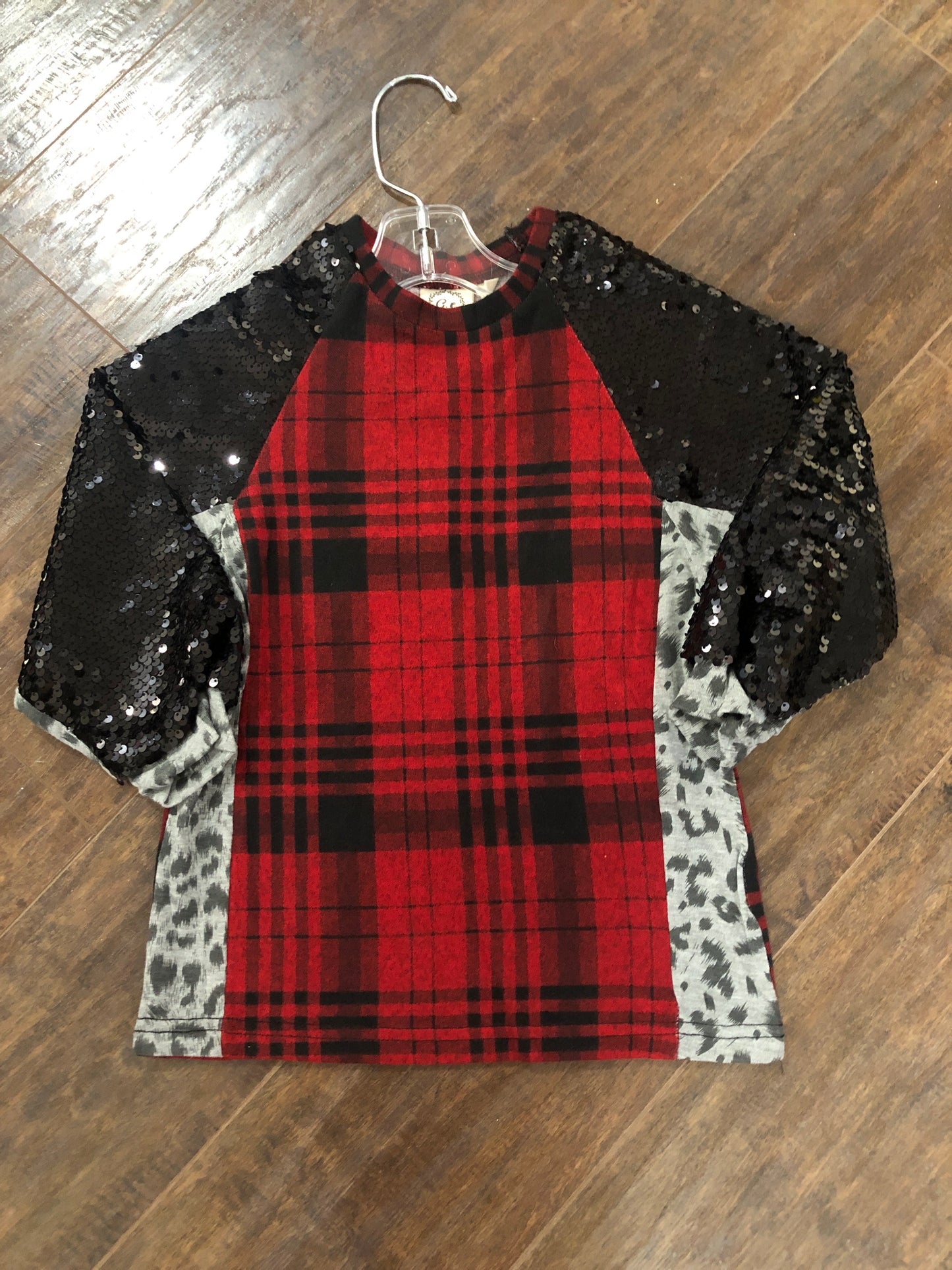 Girls Red Plaid Top w/Black Sequin Sleeves by Grace & Emma