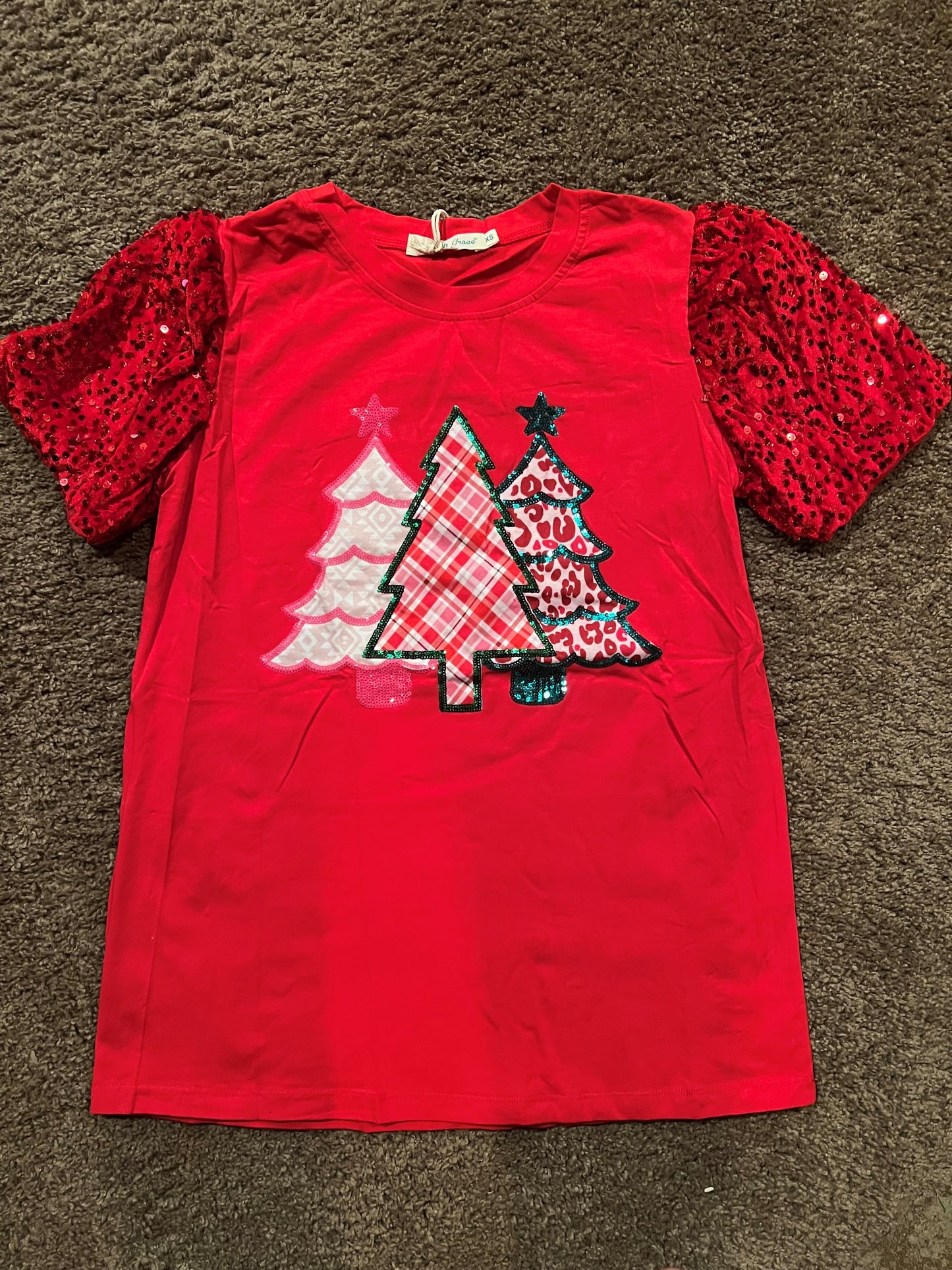 Ladies Southern Grace Sequin Christmas Trees on Red Sequin Sleeve Top