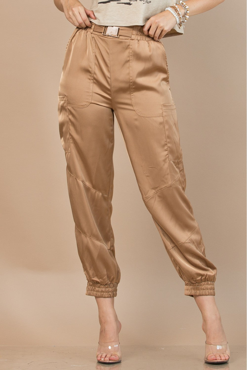 Ladies Satin Belted Cargo Pockets Pants by NYLON Apparel-Champagne