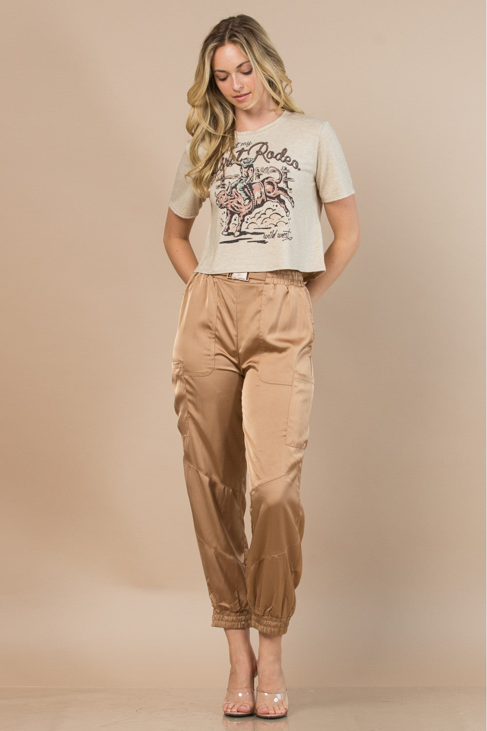 Ladies Satin Belted Cargo Pockets Pants by NYLON Apparel-Champagne