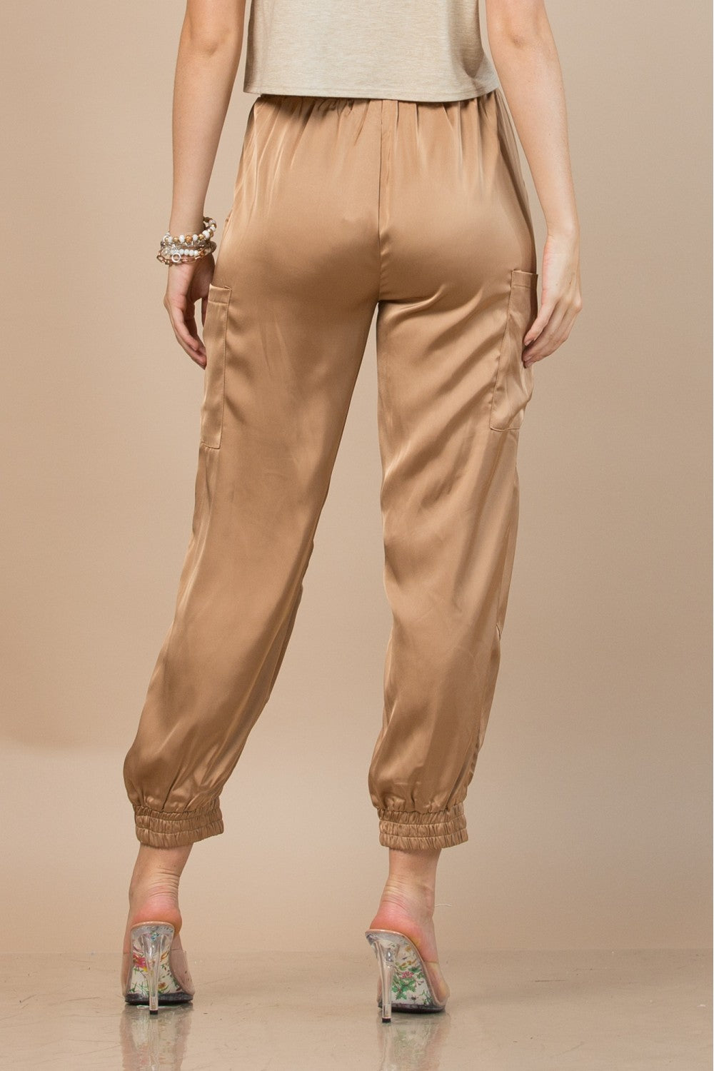 Ladies Satin Belted Cargo Pockets Pants by NYLON Apparel-Champagne