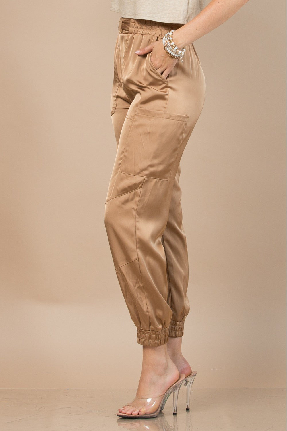 Ladies Satin Belted Cargo Pockets Pants by NYLON Apparel-Champagne