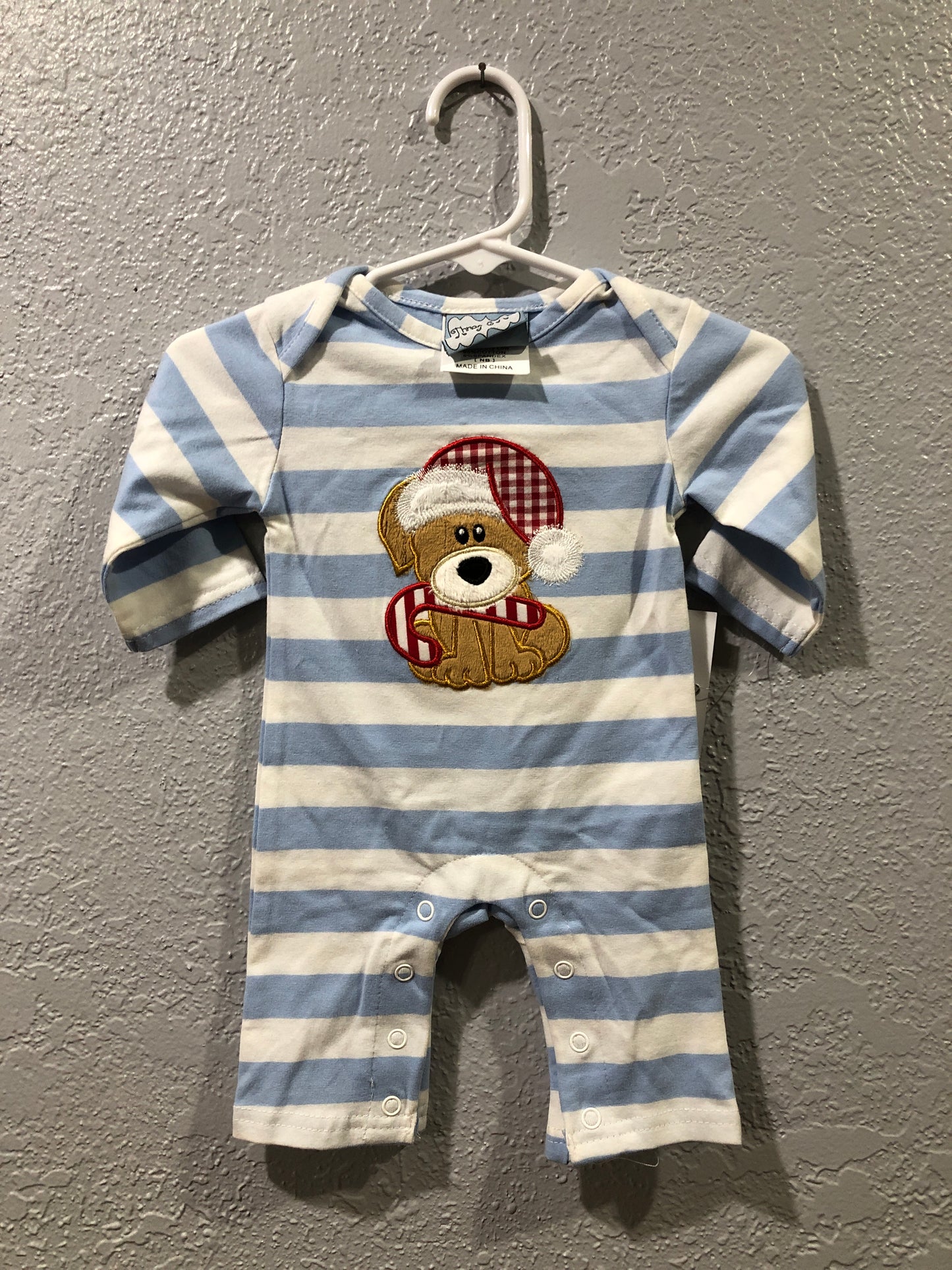 Boys Santa Puppy on Blue Stripe Romper by Three Sisters