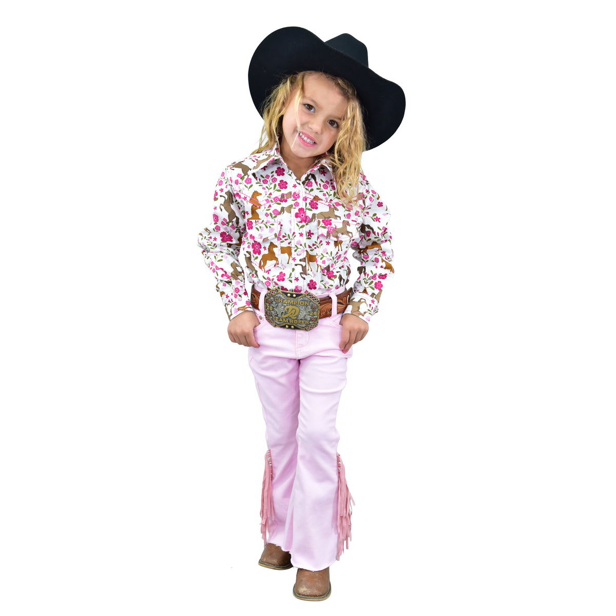 Girls White Horse Flowers L/S Print Shirt by Cowboy Hardware