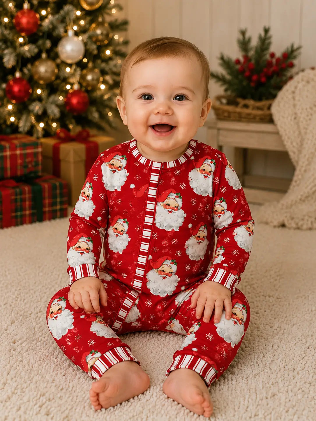Boys Red Vintage Santa Milk Silk Zip Up Romper by Little Bugz Boutique