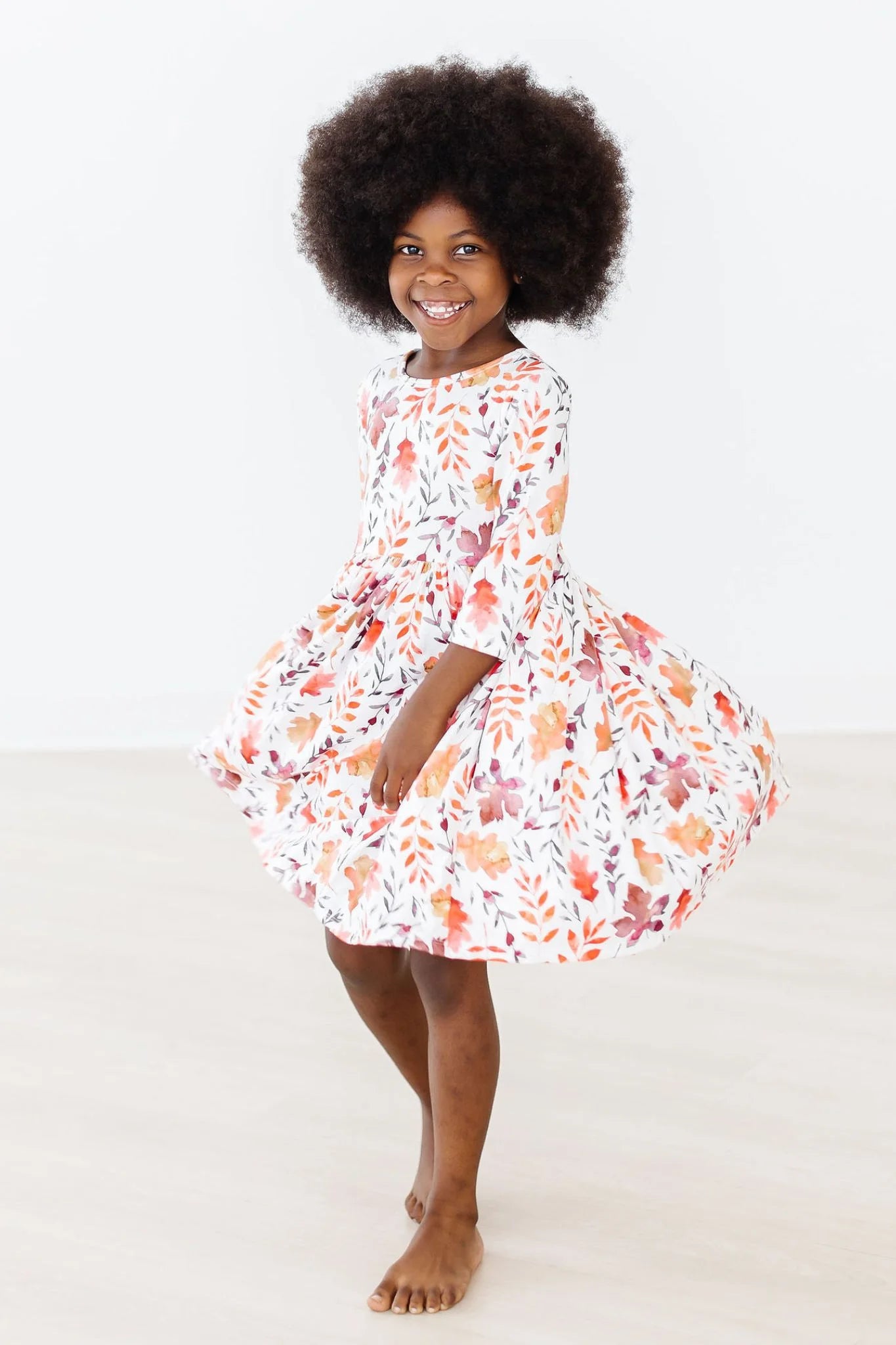 Girls Falling Leaves 3/4 Sleeve Pocket Twirl Dress by Mila & Rose