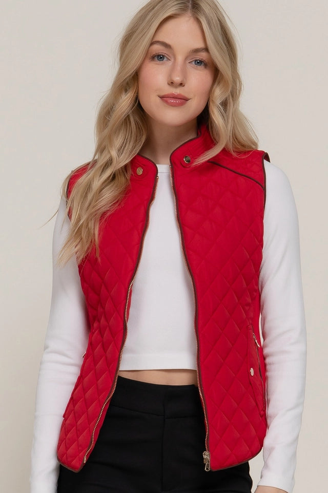 Ladies Suede Piping Detail Side Rib Quilted Padding Vest-Red