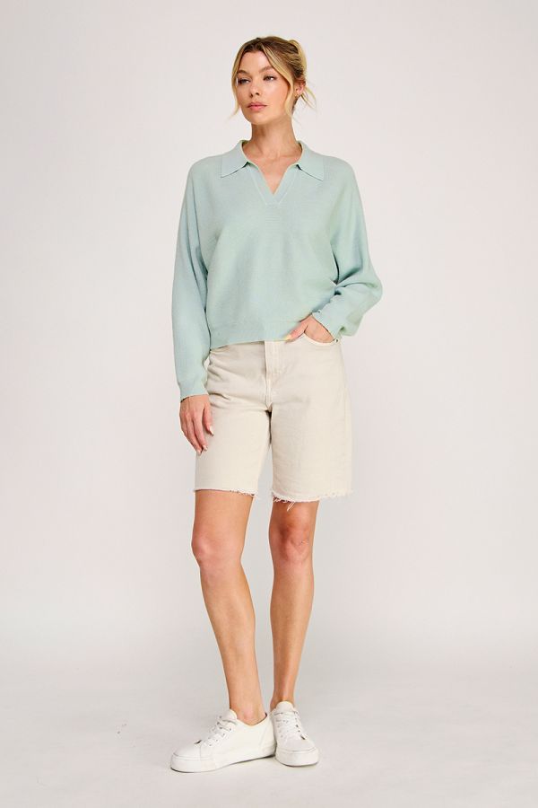 Ladies Soft Fine Gauge Ribbed Dolman Long Sleeve Polo Pullover Sweater-Cool Saige