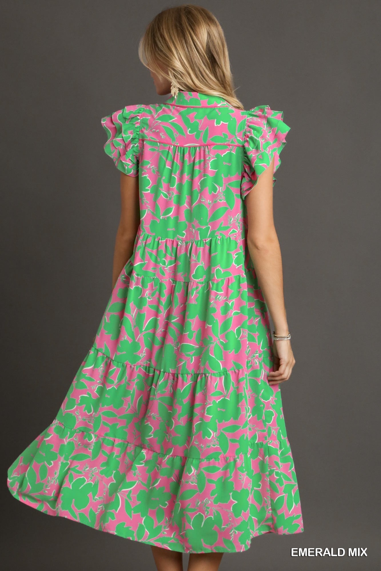 Ladies Umgee Two Tone Collared Midi Dress - Emerald Mix