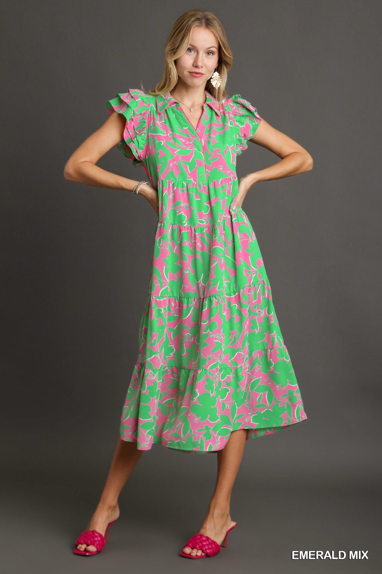 Ladies Umgee Two Tone Collared Midi Dress - Emerald Mix