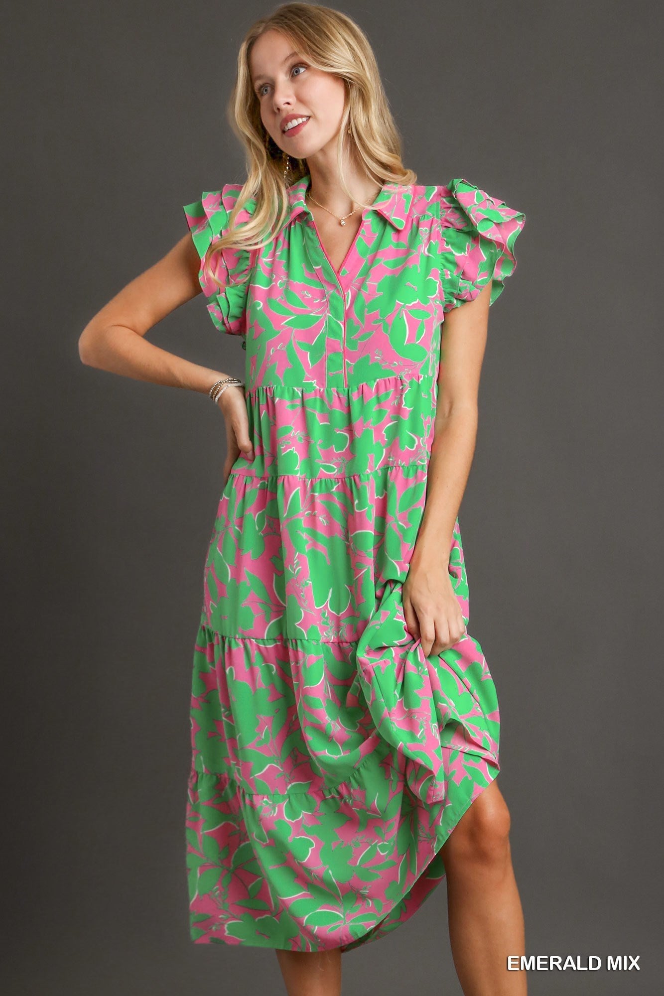 Ladies Umgee Two Tone Collared Midi Dress - Emerald Mix