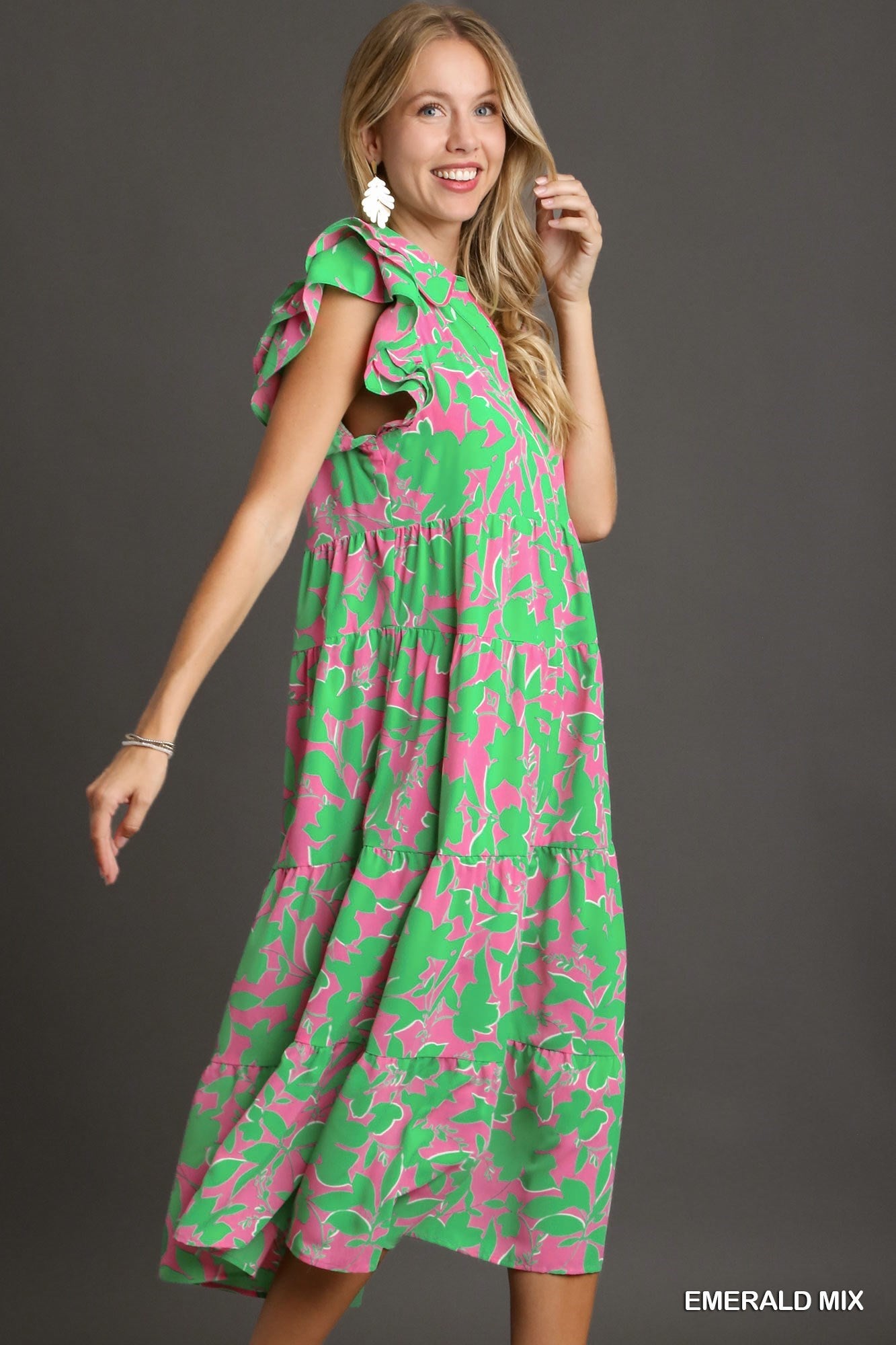Ladies Umgee Two Tone Collared Midi Dress - Emerald Mix