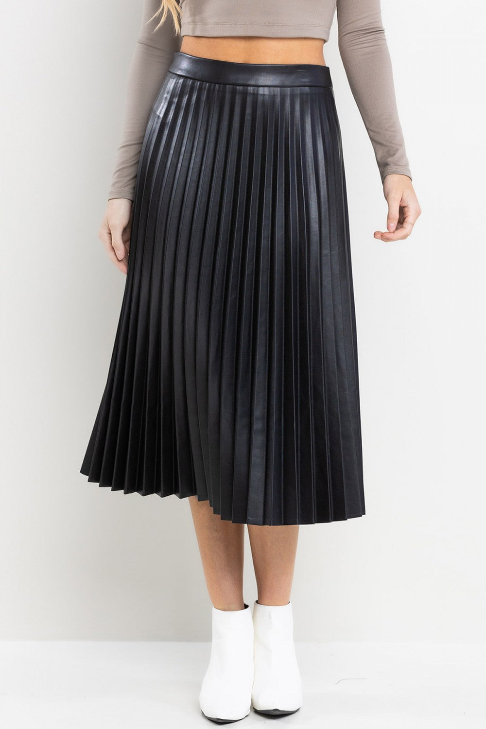 Ladies Ces Femme Faux Leather Pleated Midi Skirt