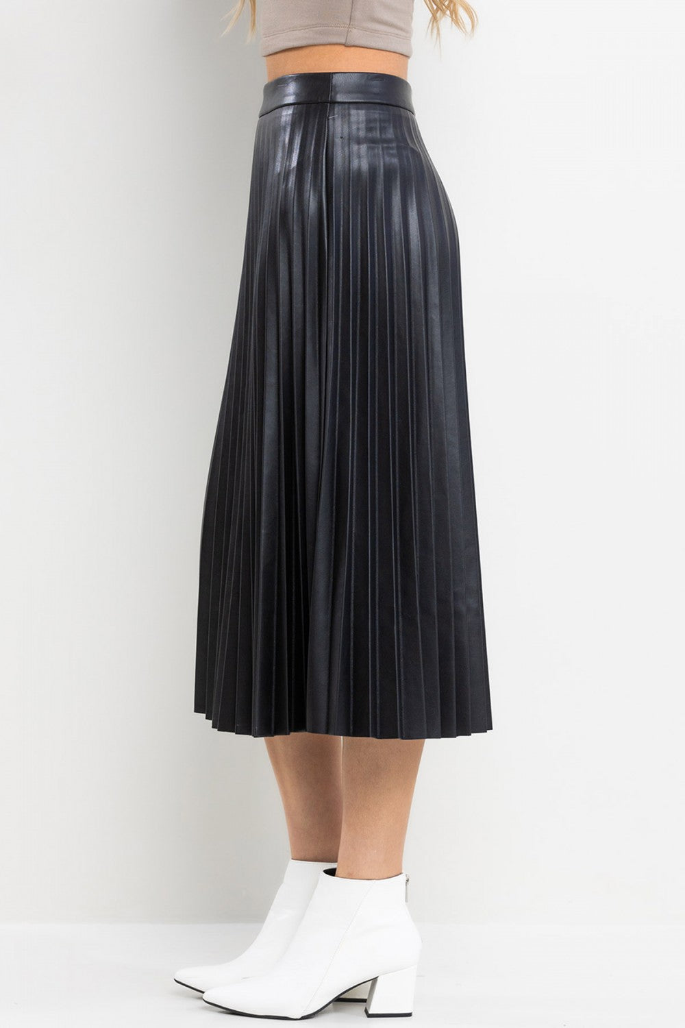 Ladies Ces Femme Faux Leather Pleated Midi Skirt
