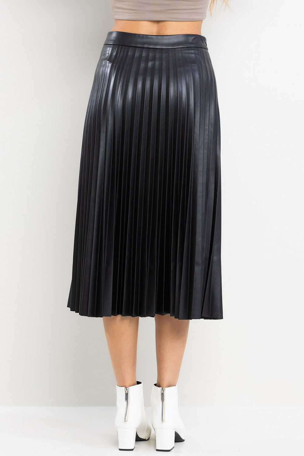 Ladies Ces Femme Faux Leather Pleated Midi Skirt