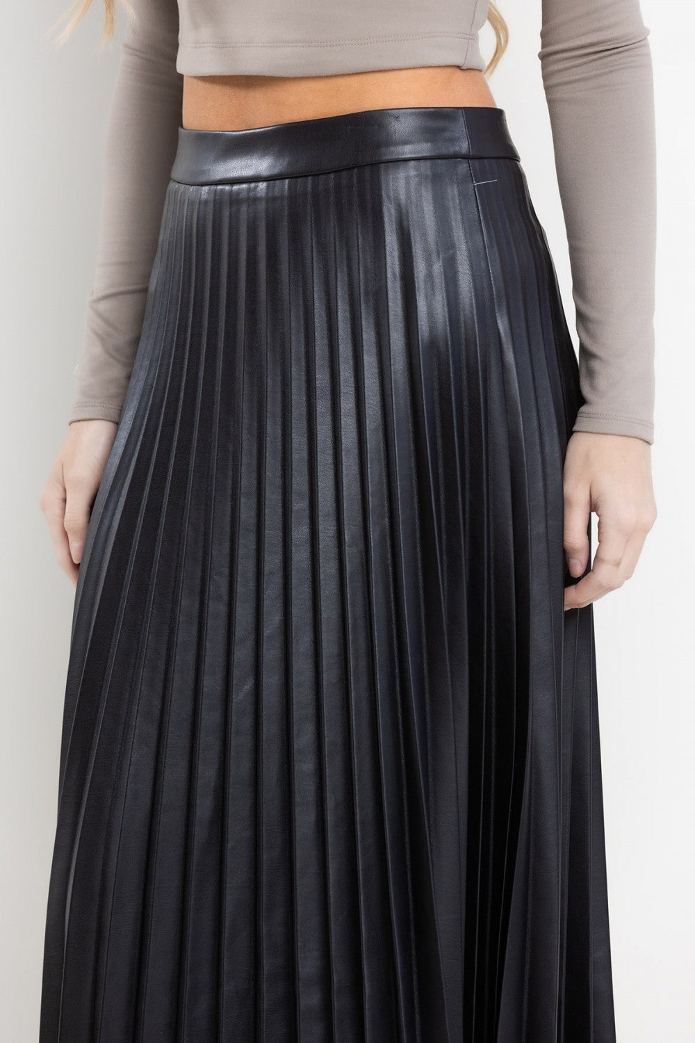 Ladies Ces Femme Faux Leather Pleated Midi Skirt