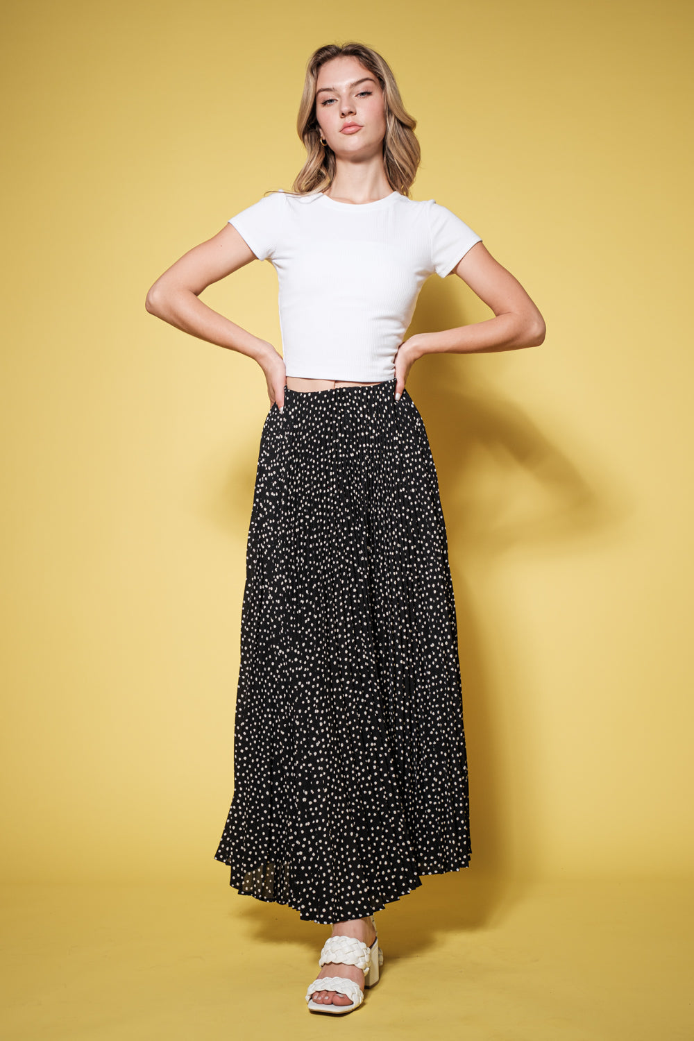 Ladies Ces Femme Dotted Pattern Pleated Long Skirt